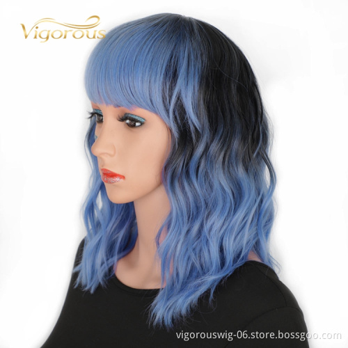 Ombre Blue Black Cheap Heat Safe Fiber High Quality Afro Wholesale Synthetic Short Wigs For Black Women